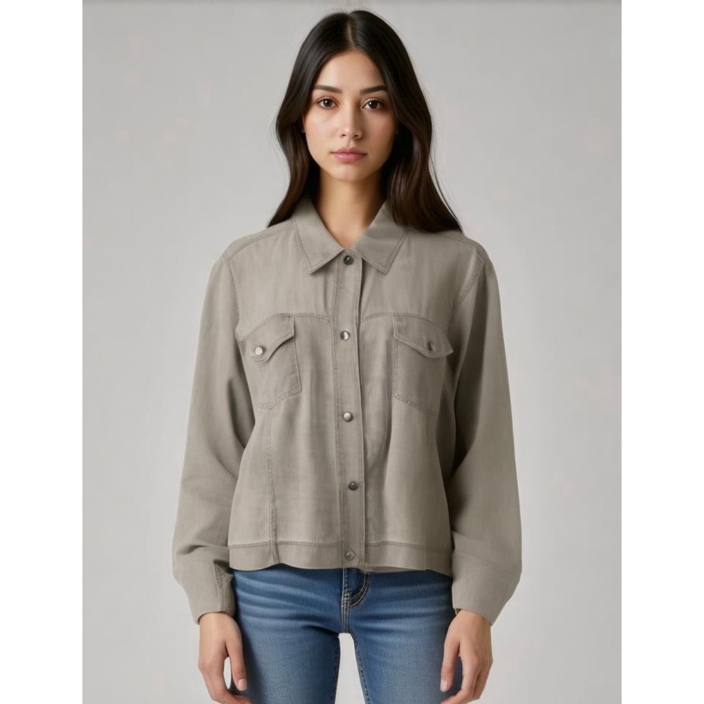 NWT Christopher & Banks Women's Denim Look Collard Top XL Brown Grunge Fisherman